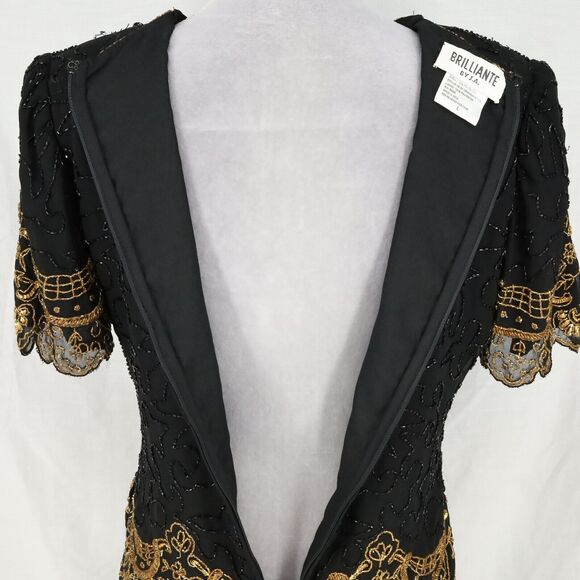 Brillante by JA Dress Womens Large Black Sequin Gold Trim Chiffon Formal Vintage - Picture 14 of 16